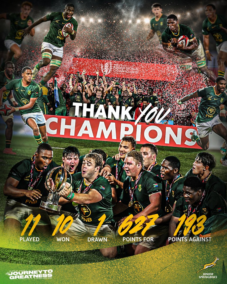 SAJuniorRugby's tweet photo. What a journey 💚💛

From the U20 Rugby Championship, the U20 International Series and defending our Junior World Championship crown, this team never stopped believing, growing, and fighting for one another.

The #JuniorBoks embraced every challenge that came their way.

To everyone who backed us every step of the way – thank you. Your support means everything  🇿🇦
#JourneyToGreatness