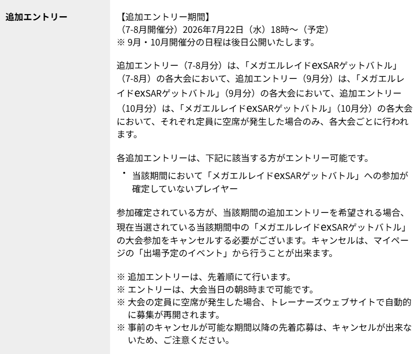 pokecamatomeru's tweet photo. 明日7月22日(水)18時から「メガエルレイドex SARゲットバトル(7-8月開催分)」の追加エントリー受付開始

📅追加エントリー期間：7月22日(水)18時～(予定)
💰参加費：3000円(拡張パック「ストームエメラルダ」15パック購入費)

✅追加エントリーは先着順
✅大会の定員に空席が発生した場合、トレーナーズウェブサイトで自動的に募集が再開
✅エントリーは大会当日の朝8時まで可能
✅事前のキャンセルが可能な期間以降の先着応募はキャンセルが出来ないため注意
✅メガエルレイドex SARは後日郵送

🏆賞品
<じゃんけん大会勝利賞>
・プロモカード「メガエルレイドex SAR」1枚
<3勝賞>
・プロモカード「メガエルレイドex SAR」1枚
<参加賞>
・プロモカード「ガイ」1枚
・プロモカード「ポケパッド」1枚
・紙製デッキケース1個

✅詳細
https://t.co/yMHNMIbVDG

✅7-8月開催分 開催店舗
https://t.co/k7AAgQE9Vn