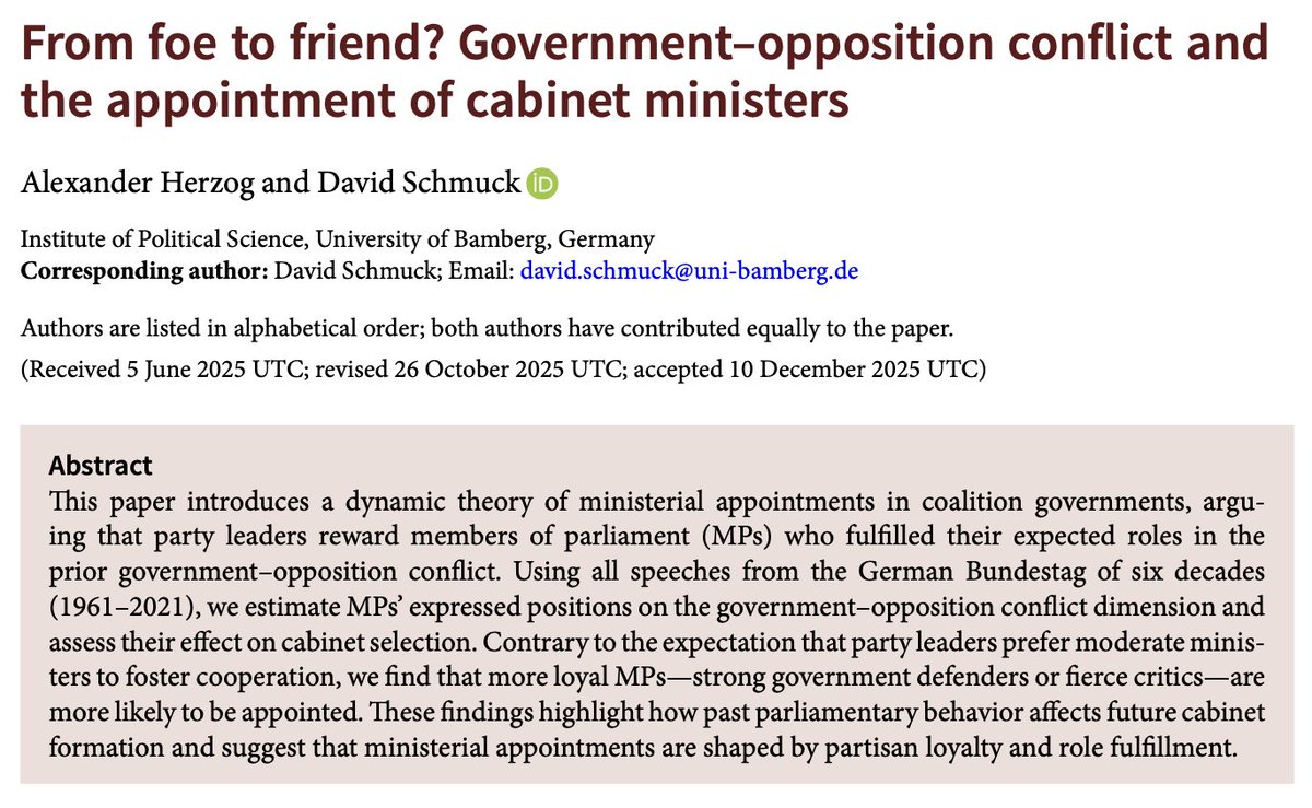 PSRMJournal's tweet photo. 🤝 Do parties reward allies or recruit rivals for cabinet?

➡️ A. Herzog and D. Schmuck show that, rather than favoring moderates, parties prefer loyal MPs: strong government defenders and fierce opposition critics are more likely to become ministers https://t.co/nw0gmqY35S https://t.co/Vd75AJ2AHS