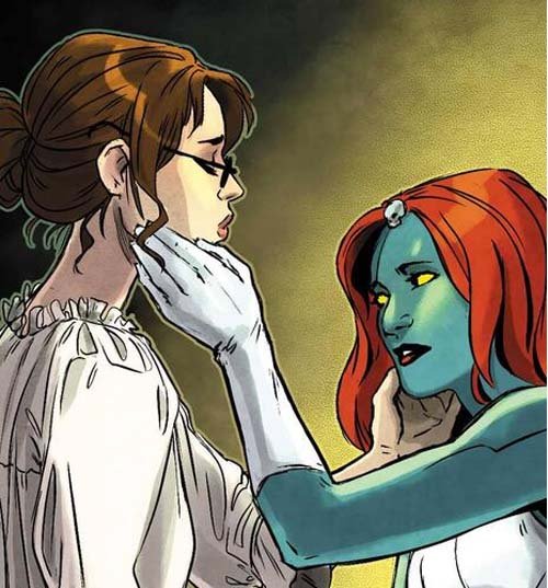pinknishii's tweet photo. Today I found out mystique kisses women (destiny) and has a baby with her?? https://t.co/egx9U1Zz0M