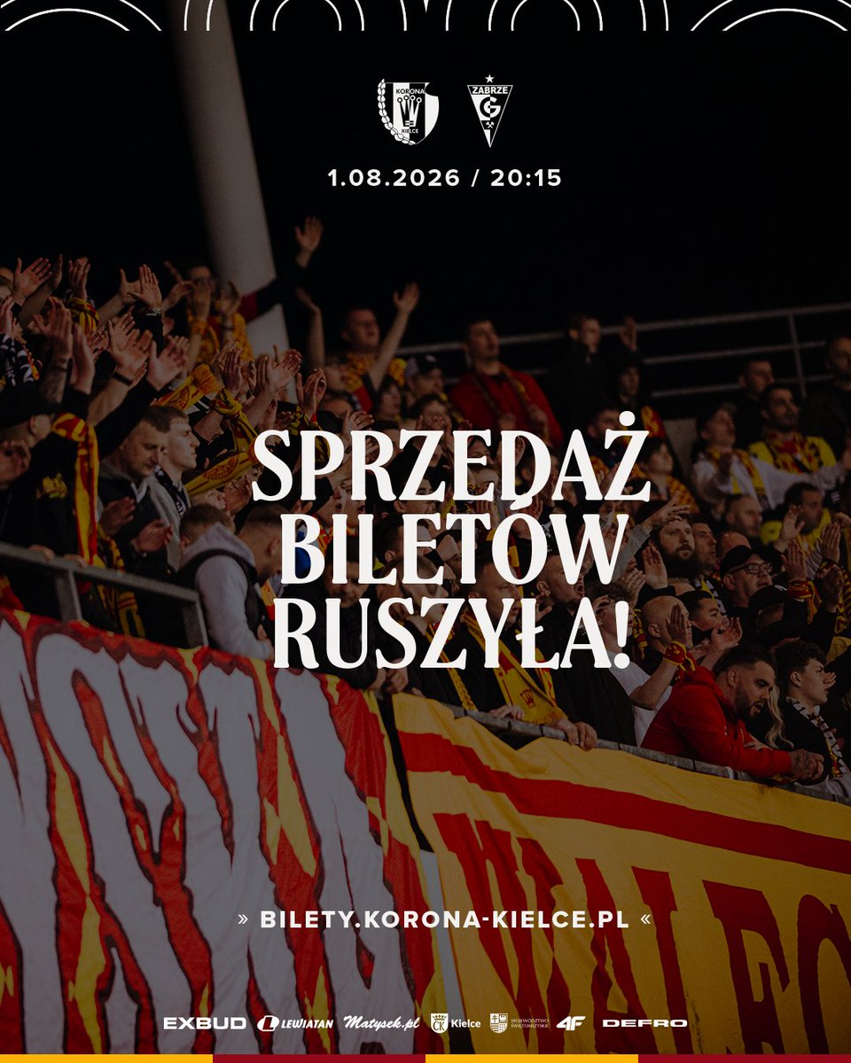 Korona_Kielce's tweet photo. Koniec czekania – po niespełna trzech miesiącach wracamy do gry o stawkę na EXBUD Arenie! 🏟️🟡🔴

🎟️ Ruszyła sprzedaż biletów na nasz premierowy domowy mecz w sezonie 2026/27, w którym zmierzymy się z @GornikZabrzeSSA ⚔️

Wy na trybunach, my na boisku – #IdzieMYpoWięcej! ✊ https://t.co/EqTmJBryaS