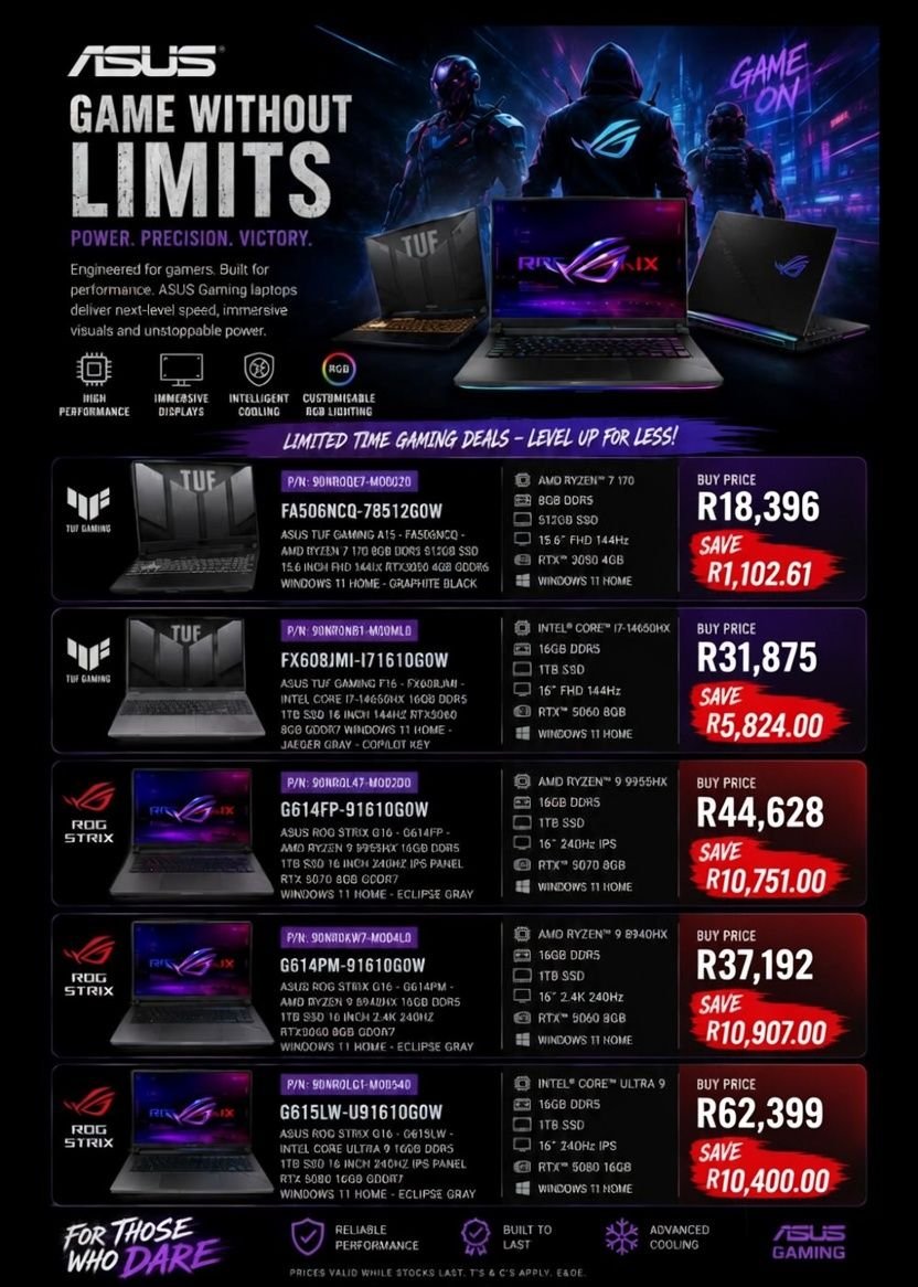 blessenzopty's tweet photo. Our @ASUS specials! Only for a limited time! Contact sales for pricing, availability, or Order placement.

#Asus #Gaming #Gamingpc #laptops https://t.co/JsFmwb7tw4