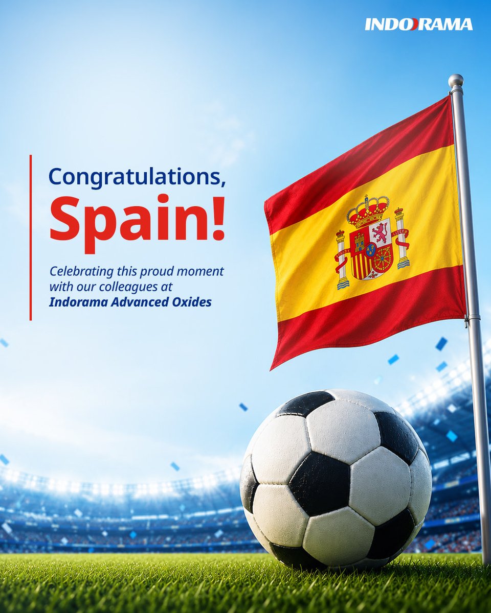 IndoramaCorp's tweet photo. Congratulations to Spain on winning the FIFA World Cup!
 
Today, we join our colleagues at Indorama Advanced Oxides and communities across Spain in celebrating this remarkable achievement. 
 
Moments like these remind us of the power of teamwork, resilience, and shared purpose.
 
Congratulations, La Roja!  #Spain #FIFAWorldCup #Teamwork #SharedPurpose #IndoramaCorporation