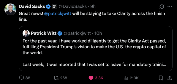sjdedic's tweet photo. If you're wondering why the market is green today:

The ethics clause on the CLARITY Act appears to be resolved.

That single provision, the conflict-of-interest rule around government officials' crypto holdings, is what held this entire bill hostage for months. Democrats pushed hard for it while Trump kept filling his bags with one crypto scheme after another and dumping on retail.

But it now seems like real progress has finally been made, with the White House reportedly conceding to language described as "more aggressive than anything seen before."

Next up: a Senate floor vote before Congress leaves for August recess on Aug 7th.

Why this is arguably the single biggest catalyst crypto and especially alts have right now (and maybe ever had):

CLARITY ends the decade-long jurisdictional war between the SEC and CFTC and permanently codifies which assets are commodities into federal law. No future administration can undo it with a memo. It replaces a decade of "regulation by enforcement" with actual written rules.

What that unlocks:

Institutional capital that has been stuck on the sidelines. Pension funds, sovereign wealth funds and the largest asset managers can't hold unclassified assets for compliance reasons. Remove that barrier and they can finally allocate using the exact same frameworks they use for equities and bonds.

JPMorgan itself literally called this the trigger that opens the floodgates.

On top of that, we get real developer protection, which means more innovation from talent that finally isn't scared away anymore.

And real user protection, with rules that would have made any FTX-like collapse structurally impossible. The same kind of collapse we're still suffering from reputationally to this day.

And here's the tell: look how much the market moved on just a small procedural win like this. Now imagine what happens when the whole thing actually passes.

For reference, when the GENIUS Act was signed last July, total crypto market cap crossed $4 trillion for the first time.

CLARITY is bigger. Much bigger.
