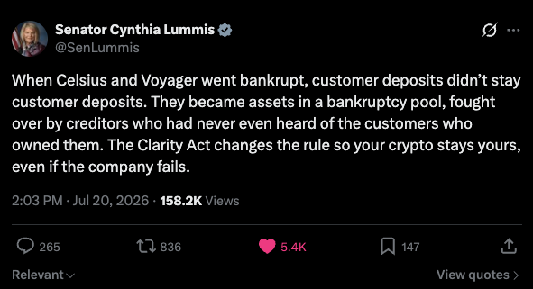 sjdedic's tweet photo. If you're wondering why the market is green today:

The ethics clause on the CLARITY Act appears to be resolved.

That single provision, the conflict-of-interest rule around government officials' crypto holdings, is what held this entire bill hostage for months. Democrats pushed hard for it while Trump kept filling his bags with one crypto scheme after another and dumping on retail.

But it now seems like real progress has finally been made, with the White House reportedly conceding to language described as "more aggressive than anything seen before."

Next up: a Senate floor vote before Congress leaves for August recess on Aug 7th.

Why this is arguably the single biggest catalyst crypto and especially alts have right now (and maybe ever had):

CLARITY ends the decade-long jurisdictional war between the SEC and CFTC and permanently codifies which assets are commodities into federal law. No future administration can undo it with a memo. It replaces a decade of "regulation by enforcement" with actual written rules.

What that unlocks:

Institutional capital that has been stuck on the sidelines. Pension funds, sovereign wealth funds and the largest asset managers can't hold unclassified assets for compliance reasons. Remove that barrier and they can finally allocate using the exact same frameworks they use for equities and bonds.

JPMorgan itself literally called this the trigger that opens the floodgates.

On top of that, we get real developer protection, which means more innovation from talent that finally isn't scared away anymore.

And real user protection, with rules that would have made any FTX-like collapse structurally impossible. The same kind of collapse we're still suffering from reputationally to this day.

And here's the tell: look how much the market moved on just a small procedural win like this. Now imagine what happens when the whole thing actually passes.

For reference, when the GENIUS Act was signed last July, total crypto market cap crossed $4 trillion for the first time.

CLARITY is bigger. Much bigger.