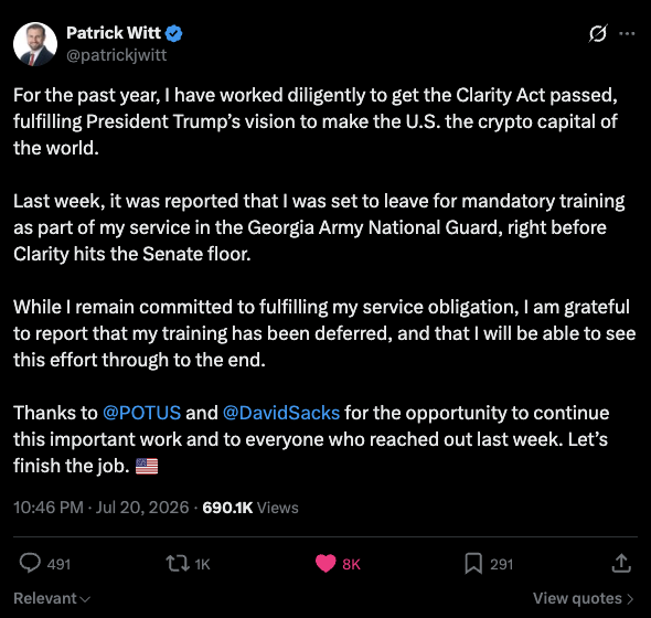 sjdedic's tweet photo. If you're wondering why the market is green today:

The ethics clause on the CLARITY Act appears to be resolved.

That single provision, the conflict-of-interest rule around government officials' crypto holdings, is what held this entire bill hostage for months. Democrats pushed hard for it while Trump kept filling his bags with one crypto scheme after another and dumping on retail.

But it now seems like real progress has finally been made, with the White House reportedly conceding to language described as "more aggressive than anything seen before."

Next up: a Senate floor vote before Congress leaves for August recess on Aug 7th.

Why this is arguably the single biggest catalyst crypto and especially alts have right now (and maybe ever had):

CLARITY ends the decade-long jurisdictional war between the SEC and CFTC and permanently codifies which assets are commodities into federal law. No future administration can undo it with a memo. It replaces a decade of "regulation by enforcement" with actual written rules.

What that unlocks:

Institutional capital that has been stuck on the sidelines. Pension funds, sovereign wealth funds and the largest asset managers can't hold unclassified assets for compliance reasons. Remove that barrier and they can finally allocate using the exact same frameworks they use for equities and bonds.

JPMorgan itself literally called this the trigger that opens the floodgates.

On top of that, we get real developer protection, which means more innovation from talent that finally isn't scared away anymore.

And real user protection, with rules that would have made any FTX-like collapse structurally impossible. The same kind of collapse we're still suffering from reputationally to this day.

And here's the tell: look how much the market moved on just a small procedural win like this. Now imagine what happens when the whole thing actually passes.

For reference, when the GENIUS Act was signed last July, total crypto market cap crossed $4 trillion for the first time.

CLARITY is bigger. Much bigger.