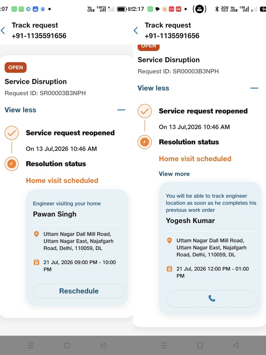 rakesh06276's tweet photo. @reliancejio
@JioCare 
This is regarding jio fiber(01135591656) complaint. Screenshot attached herewith.
I have made complaint on dated: 13-07-2026 but till date no solution. Only jio reschedule my complaint. Kindly look into the matter and take necessary action please. https://t.co/zQaEfU3V3t