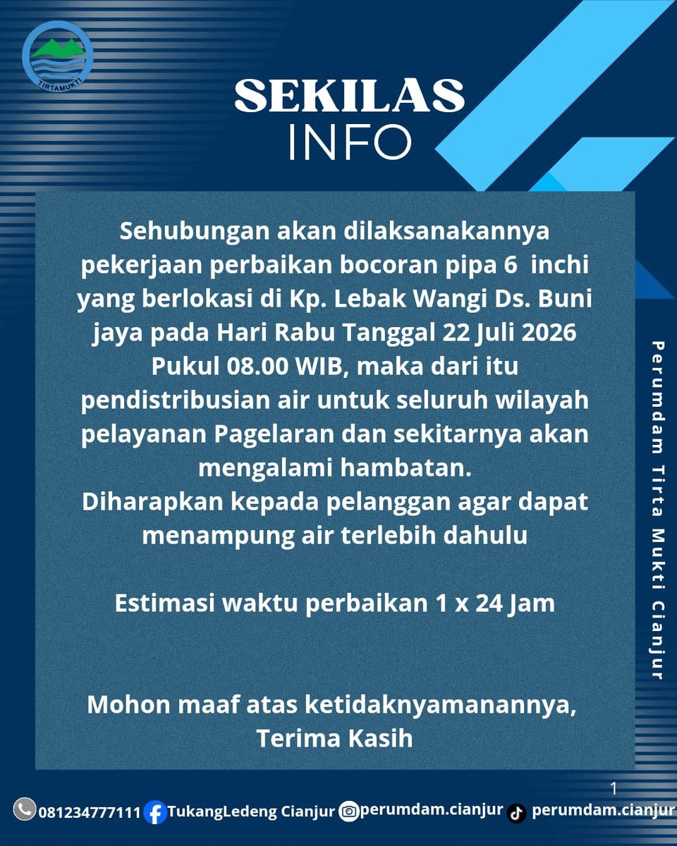 perumdamCJR's tweet photo. Selasa, 21 Juli 2026
Mohon maaf kepada pelanggan wilayah pelayanan Cabang Pagelaran atas pekerjaan perbaikannya
Terima kasih atas pengertian dan kerjasamanya 🙏🏻

@dr.mohammadwahyu 
@abiramzi76 https://t.co/L0Fx8Yo4k3