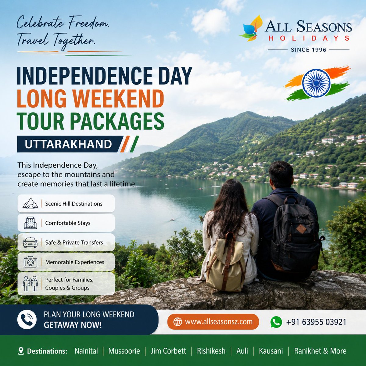 Allseasonsz's tweet photo. 🇮🇳 Freedom feels better in the mountains! 🏔️
Turn the Independence Day long weekend into a refreshing Uttarakhand escape with customised stays, private transport and expert local planning.
Explore packages: https://t.co/0qP9vvUwxM
#IndependenceDay #Uttarakhand #LongWeekend https://t.co/ulGC6ij9OR