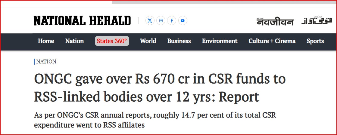 MdShafi_SDPI's tweet photo. ₹671 crore of ONGC's CSR funds reportedly allocated to 20 RSS-linked organisations raises serious concerns over transparency and neutrality. Public sector resources must be distributed fairly, not with ideological bias. We demand full disclosure and an independent inquiry. #ONGC #CSR #Transparency #Accountability #PublicFunds 

https://t.co/utg1dpnA8a