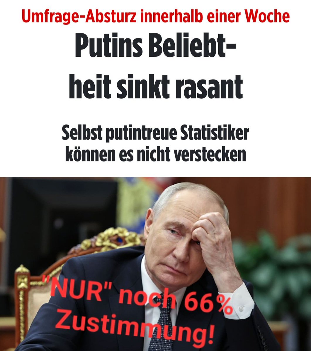 zukunft37's tweet photo. Wladimir Putin ist in seinem Land sehr unbeliebt.
Er kommt nur noch auf jämmerliche 66% Zustimmung. 
Nicht vergleichbar mit unserem höchstbeliebten Bundeskanzler, der auf satte 16% Zustimmung kommt! 🥳 https://t.co/XeAOevfOWc