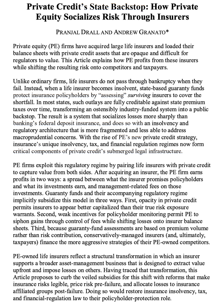 agranato42's tweet photo. New w/ @PranjalDrall: Private Credit's State Backstop: How Private Equity Socializes Risk Through Insurers. It's about how insurance insolvency, tax, and financial-regulation law have subsidized PE's takeover of life insurance and become the submerged law of private credit. https://t.co/TkRVCibby5