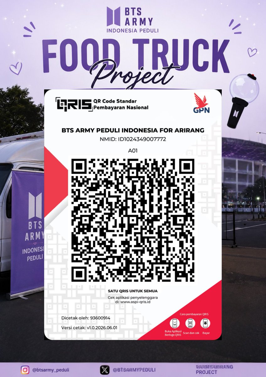 BtsarmyPeduli's tweet photo. PROJECT FOODTRUCK BTS ARMY PEDULI di KONSER BTS ARIRANG JAKARTA 

Seluruh hasil donasi akan langsung masuk tanpa tercampur sehingga kami menggunakan Qris Gopay Merchant dengan penerima langsung Team BAPI.

kami juga menerima dalam bentuk barang &amp; Makanan

#BTS #BTS_ARİRANG #ARMY https://t.co/hMba5zPf3V