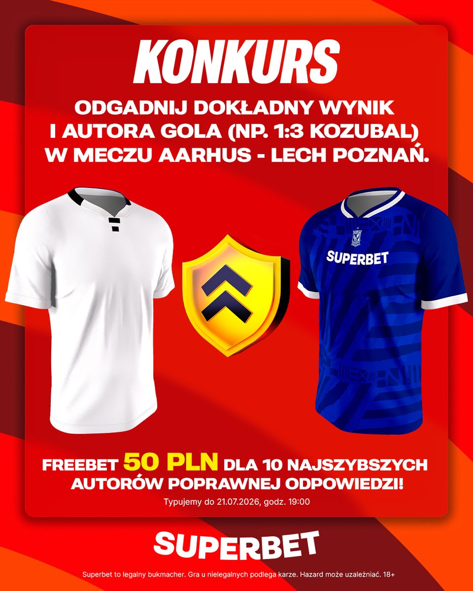 SuperbetPL's tweet photo. #KONKURS! Wytypuj w odpowiedziach dokładny wynik oraz autora gola ⚽️ w meczu Aarhus - Lech Poznań i zgarnij freebet!

--
✅ Zaobserwuj @SuperbetPL
❤️ Polub wpis i 🔄 podaj go dalej
👤 Dodaj nick z Superbet
🎁 Nagroda = FREEBET 50 PLN
Regulamin: https://t.co/quNbhzbxNj https://t.co/hxOv3iJUe2