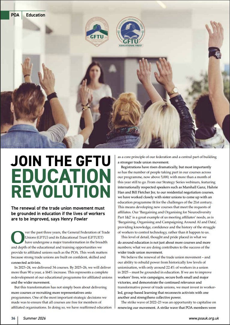 GFTU1's tweet photo. Join the #GFTU #Education revolution.
Our AGS, @RedHen90 has written about @GFTUET's educational programme in the latest issue of Gatelodge magazine for members of our affiliate, the @POAUnion.
Read & share:
https://t.co/UShbTa6Oot
#TUed #GFTU #TradeUnionEducation https://t.co/hA6SZ3dc0Y