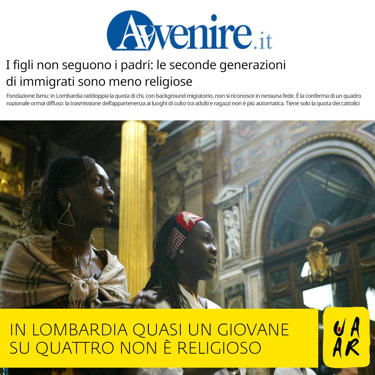 UAAR_it's tweet photo. Fondazione Ismu: in #Lombardia le seconde generazioni di #migranti sono meno religiose delle prime. I non #religiosi salgono dall'11,3% al 23,7%, mentre calano musulmani, ortodossi, induisti e protestanti. Cattolici e altre confessioni minori tengono.👇
https://t.co/t6zG1AC6Ci https://t.co/V4Cq333GNG