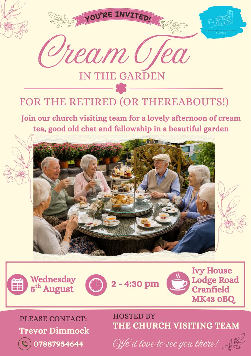 CranfieldChurch's tweet photo. 🫖 - Summer Cream Tea in the Garden
📆 - Wednesday 5th August - 2pm - 4:30pm
🫂 - Hosting by the Visiting Team
🚗 - Let us know if you'd like a lift.

💟 - Our Visiting Team visits and supports those members of our church family who need home visits for whatever reason. https://t.co/7LrLMZZBsg