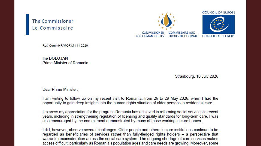 CommissionerHR's tweet photo. Following my visit to Romania, I raised several challenges regarding care homes for older persons. Despite progress, efforts are needed to better protect residents’ rights, ensure sustainable funding, and strictly enforce rules on unlicensed facilities. Read my letter to the Prime Minister of Romania ⬇️
https://t.co/kZt9rMmF4r