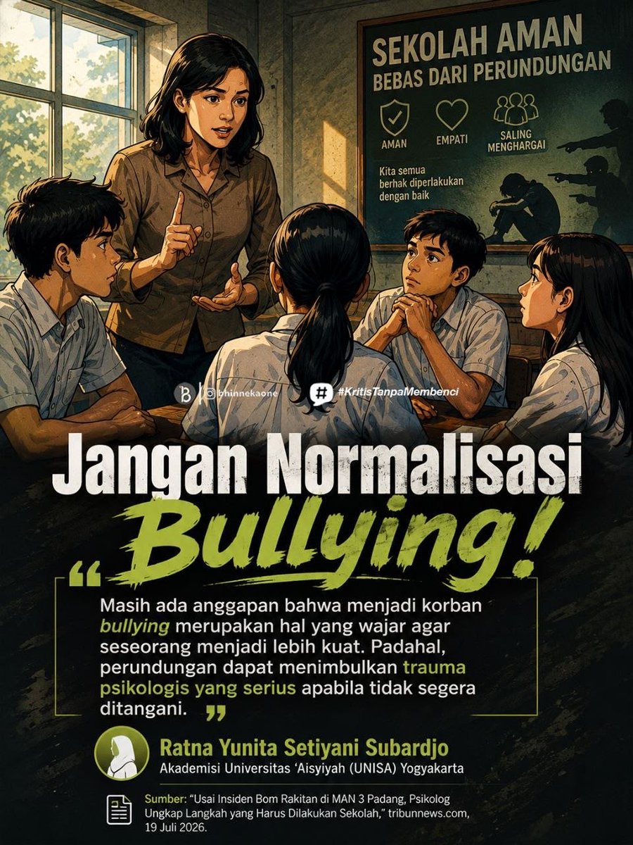 ChannelAsatu's tweet photo. Jangan Normalisasi Bullying

Masih ada anggapan bahwa menjadi korban bullying merupakan hal yang wajar agar seseorang menjadi lebih kuat. Padahal, perundungan dapat menimbulkan trauma psikologis yang serius apabila tidak segera ditangani.

#BhinnekaOne #KritisTanpaMembenci https://t.co/TtipMRDFZw