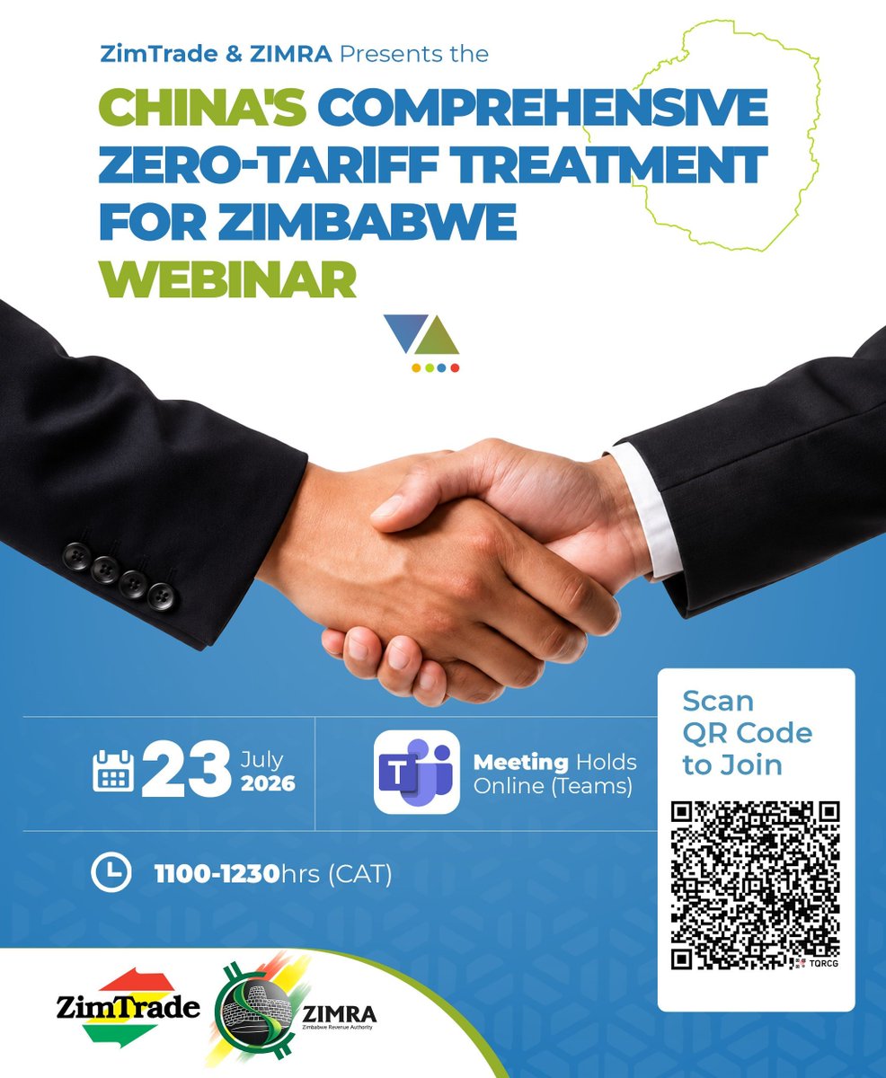 ZimTradeAlerts's tweet photo. Are you looking to expand your business footprint into one of the world's largest consumer markets?
Join #ZimTrade and @Zimra_11 for an exclusive webinar unpacking China’s Comprehensive Zero-Tariff Treatment for #Zimbabwe.
Learn how your business can leverage duty-free access, satisfy customs requirements, and position Zimbabwean products competitively in the Chinese market. 
Details Below : 📥️