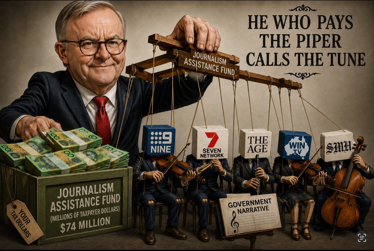 craigkellyAFEE's tweet photo. DEMOCRACY SUBVERTED 

A functioning democracy can only survive with fiercely independent media that ruthlessly holds the government to account.

But this rotten, stinking, utterly corrupt Albanese regime isn’t satisfied with the taxpayer-funded ABC already spewing endless government propaganda. 

No — they’ve gone further and brazenly hijacked Australia’s democracy with their sleazy $74 million “Journalism Assistance Fund” — a filthy slush fund of public money that Albanese is personally slinging to his mates in the media.

This is nothing less than wholesale bribery of the press.

Here are just a few of the 184 media outlets now on Albanese’s payroll, happily sucking at the taxpayer teat:

Fairfax Media Limited (SMH, The Age, AFR): $8,163,870

The Nine Network: $7,962,240

Channel 7: $5,594,160

WIN TV: $1,673,100

The Conversation: $1,033,890

Australian Radio Network (KISS, Gold): $978,120

The Chinese Herald: $600,600

The moment any media outlet pockets this dirty government cash, it stops being a news organisation and becomes a paid propaganda arm of the Albanese regime — a compromised subsidiary that cannot be trusted to tell the truth, only to parrot the party line.

This isn’t journalism. This is state capture.

This is democracy for sale — and Albanese is the one holding the auction - using taxpayers money.

Australia is in huge trouble.