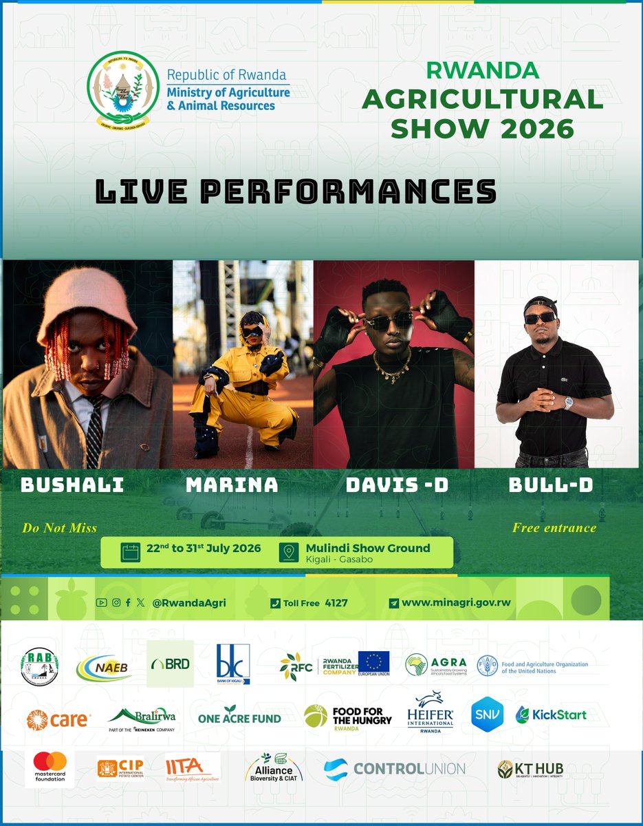 RwandaAgri's tweet photo. Only 1 day to go!!

#RwandaAgriShow2026 is almost here! Come and experience Rwanda's biggest agricultural exhibition, where learning, business, networking, and entertainment come together. Enjoy live performances by talented Rwandan artists throughout the event.

Join us 22–31 July 2026 at Mulindi, in Kigali.
Entry is FREE!

#RwandaAgriShow2026
==================================
Hasigaye umunsi 1 gusa!

Ntuzacikwe n'imurikabikorwa ry'Ubuhinzi n'Ubworozi mu Rwanda ku nshuro ya 19 rizatangira tariki ya 22 kugeza tariki ya 31 Nyakanga 2026 ku Mulindi, i Kigali. Abahanzi b'amazina azwi mu Rwanda, bazajya badususurutsa muri iri murikabikorwa.

Kwinjira ni ubuntu!

#RwandaAgriShow2026