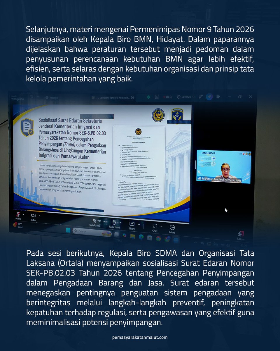 ditjenpasmalut's tweet photo. Jajaran Kantor Wilayah Ditjenpas Maluku Utara mengikuti sosialisasi Permenimipas Nomor 9 Tahun 2026 tentang Perencanaan Kebutuhan BMN dan Surat Edaran Sekretaris Jenderal, Selasa (21/07).

Berita selengkapnya : https://t.co/6fg4hRPv45 https://t.co/kpyUQGfzho