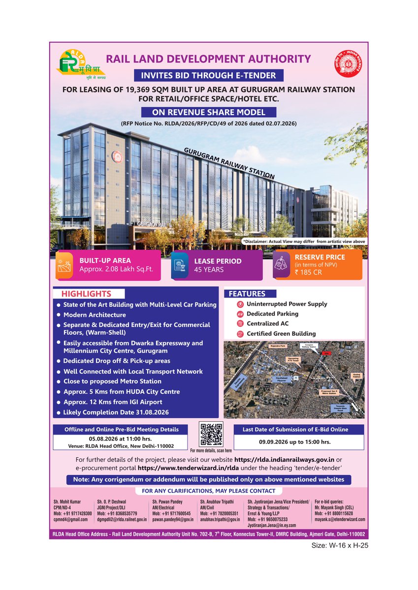 rlda_india's tweet photo. Rail Land Development Authority (RLDA) invites bids through e-tender for leasing of approx. 2.08 lakh sq.ft. built-up area at Gurugram Railway Station on Revenue Share Model for retail, office space and hotel, etc.
#RLDA #GurugramRailwayStation #ETender #RailwayDevelopment #RevenueShareModel