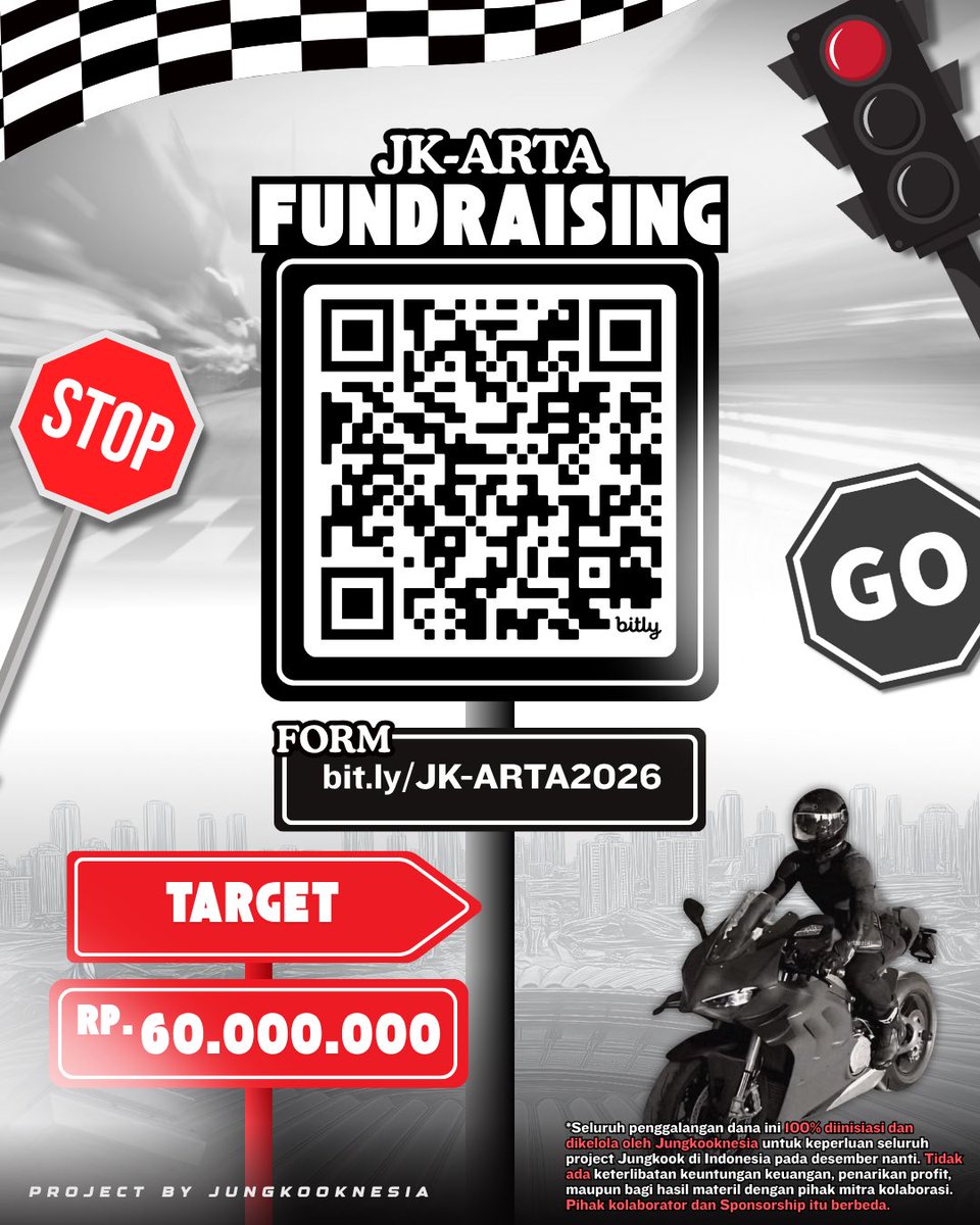 Jungkooknesia's tweet photo. [PROJECT JK-ARTA] 🏁🔥

Fundraising is officially OPEN!
Calling all Indonesian ARMYs & Jungkook biased!

In order to welcome our special project JK-ARTA, Jungkooknesia wants to invite all of you to be a part of this memorable project to welcoming Jungkook! 🇮🇩✨

Form Fundraising : https://t.co/PGvjWa7w5m

No matter how big or small your contribution is, it really means a lot untuk kesuksesan project ini. Let’s show our big love and warm support for Jungkook from Indonesia! 💜

⚠️ Disclaimer: 
Fundraising digalang dan dikelola 100% secara mandiri oleh Jungkooknesia. Project ini murni bersifat independen; tidak ada pihak luar mana pun yang meminta, menerima, atau memungut aliran dana sepeser pun. Seluruh kontribusi publik dialokasikan penuh untuk kesuksesan project JK-ARTA 2026. 

🏁 Riding:
Aktivitas Riding dilaksanakan sepenuhnya oleh tim profesional. Tidak melibatkan partisipasi massa (fans) di jalan raya demi mematuhi protokol keselamatan dan regulasi lalu lintas setempat.

Pendapatan Fundraising akan diperbarui secara berkala sebagai bentuk transparansi kami. Terima kasih atas solidaritas luar biasa dari teman-teman semua! 💜✨

#JK_ARTA #Jungkooknesia #Jungkook