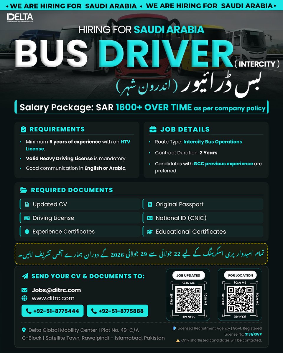 ditrcofficial's tweet photo. 🚌 Delta International is hiring Bus Drivers (Intercity) for Saudi Arabia! SAR 1600+ w/ overtime
5+ yrs exp, HTV license needed.
Screening 22-29 July.
Visit Now For Pre-screening
Apply: Jobs@ditrc.com
s https://t.co/qD9ovWT9tI
051-8775444/8775888
#GulfJobs #BusDrivers #HiringNow https://t.co/qNDcTBAssB