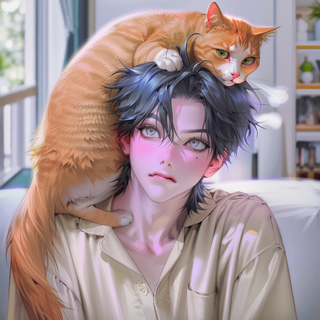 milkreamy14342's tweet photo. 에휴 증말 또시작이네 프롬 공유

A cat sleeping on head,
slightly exasperated expression, resigned look, used to this situation, mildly annoyed but affectionate, deadpan face, looking upward at the cat, sighing softly,

an orange tabby cat, 1.5::cat completely melted over the character’s head::, a cat's body draping down both sides of the head, long stretched cat body on character's head, paws and tail hanging loosely, 

modern minimalist living room, bright and cozy interior, white walls, large floor-to-ceiling window letting in soft afternoon sunlight, sitting comfortably in the center of a large white fabric sofa, relaxed posture, wearing a loose cream-colored pajama shirt with matching long pajama pants, soft cotton fabric,