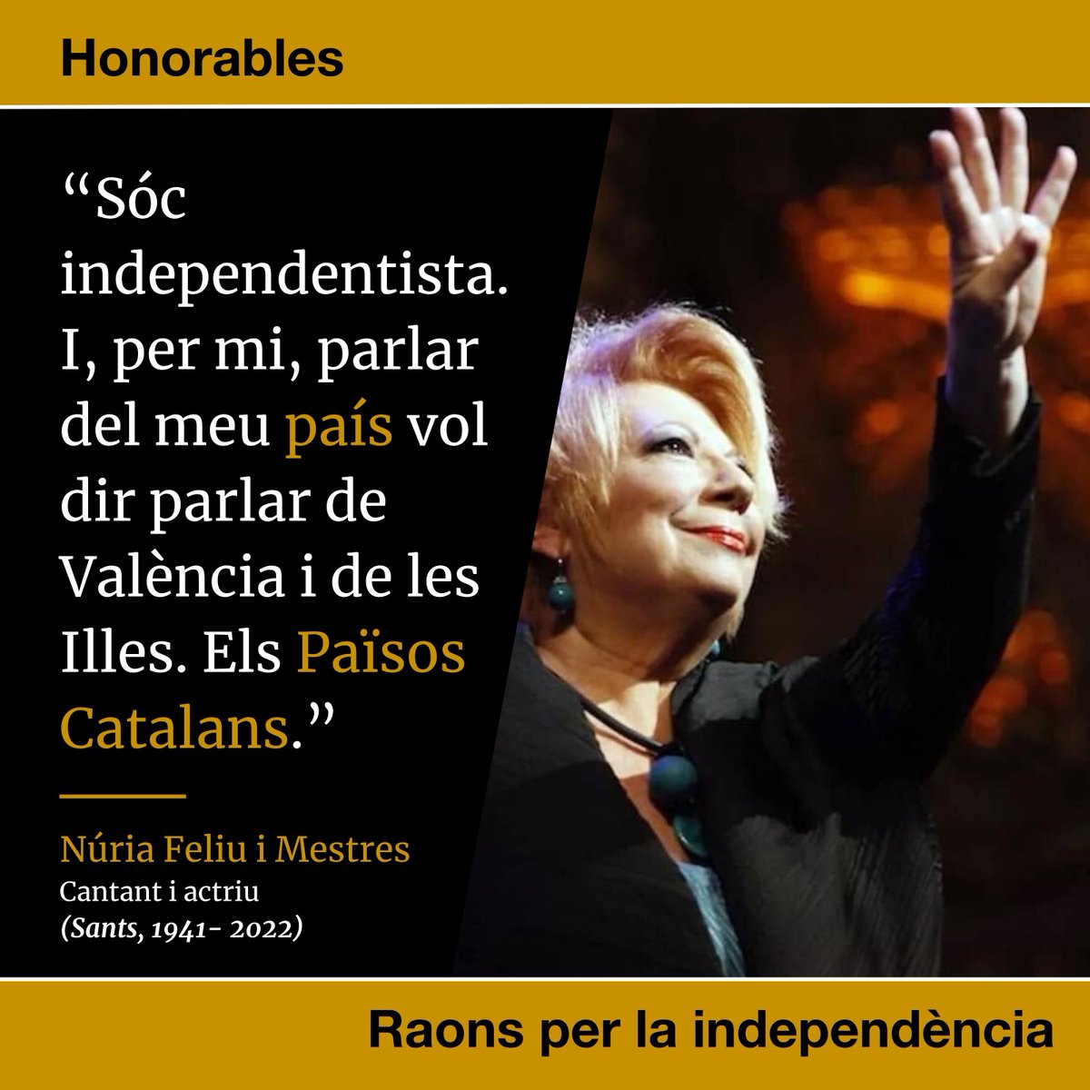 QuimTorraiPla's tweet photo. Demà farà quatre anys que ens va deixar la gran cantant i actriu Núria Feliu. Va ser una dona extraordinària que sempre va defensar la llengua i la nació catalana sencera. El seu exemple de dignitat continua essent ben viu i convé tenir-lo molt present. #raonsperlaindependència. https://t.co/kqOQkfxnSA