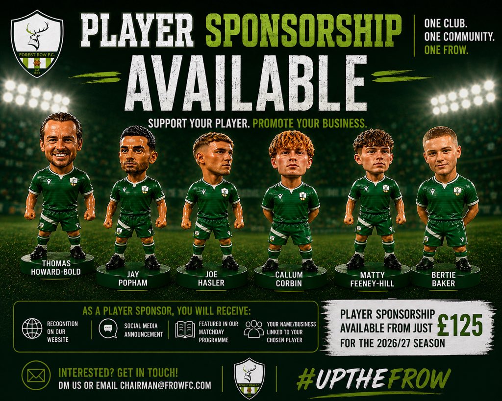 FrowFC's tweet photo. You might not be able to buy the figures… 👀

But you can sponsor your favourite Frow player for the 2026/27 season! 🟢⚪️

From just £125, player sponsorship is a brilliant way to support the club while promoting your business or showing your backing for your favourite player.

✔️ Website recognition
✔️ Social media announcements
✔️ Matchday programme feature
✔️ Your name or business linked to your chosen player

📩 DM us or email chairman@frowfc.com to secure your player before they’re gone.

#UpTheFrow 💚