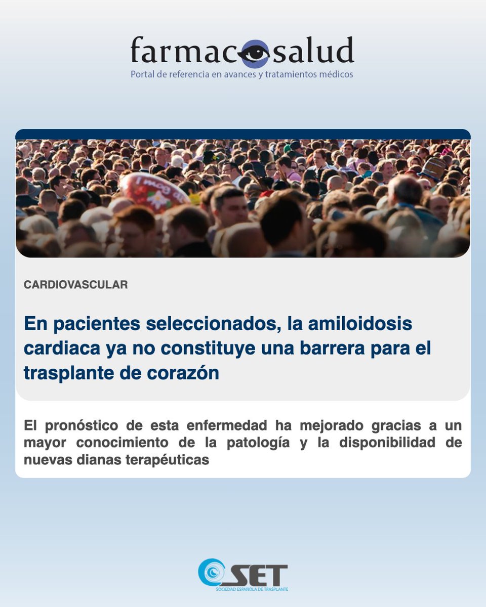 SETrasplante's tweet photo. 🫀En pacientes seleccionados, la amiloidosis cardíaca ya no es una barrera para el #trasplante de corazón
🔬 Un estudio del RETC, presentado en el 9º Congreso #SET2026, muestra una supervivencia comparable a la de otras causas de injerto https://t.co/ictwbOyMkk @farmacosalud https://t.co/11UxJcHSsZ
