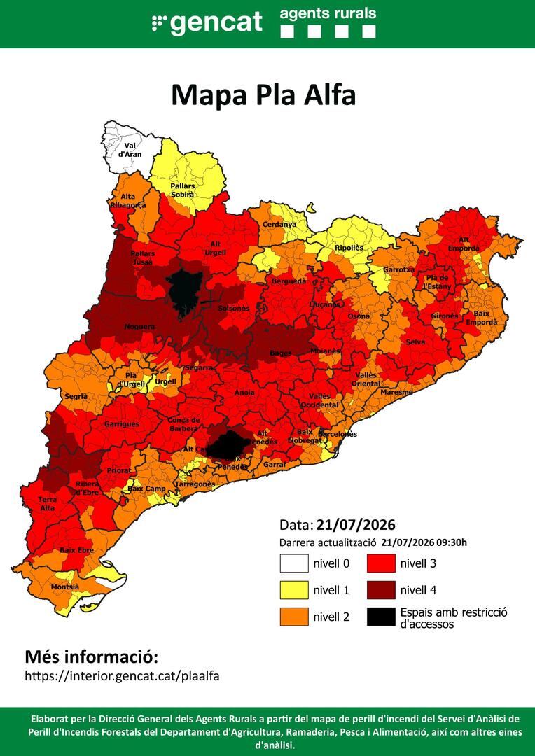 sfadfcat's tweet photo. 🔴Aquest és el mapa del #PlaAlfa d'@agentsruralscat per avui.
   
📍Consulta el mapa per conèixer quin nivell hi ha activat al teu municipi o a la teva comarca⤵️ 

#somADF #somterritori #adfcat https://t.co/D7KFp6yVaf