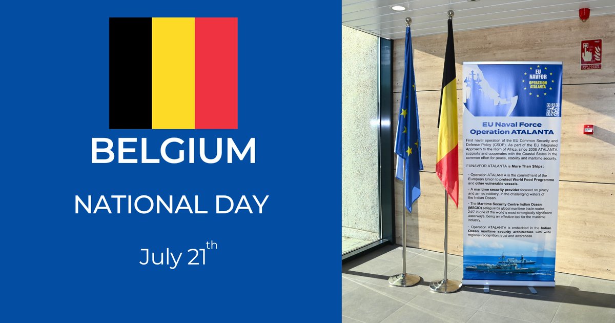 EUNAVFOR's tweet photo. 🇪🇺 #OperationATALANTA wants to congratulate our crewmembers, friends, and colleagues from 🇧🇪 Belgium on their National Day.
@BelgiumDefence @BelgiumMFA @BelgiuminEU
#GoFurtherTogether https://t.co/6Xf60Rwxfd