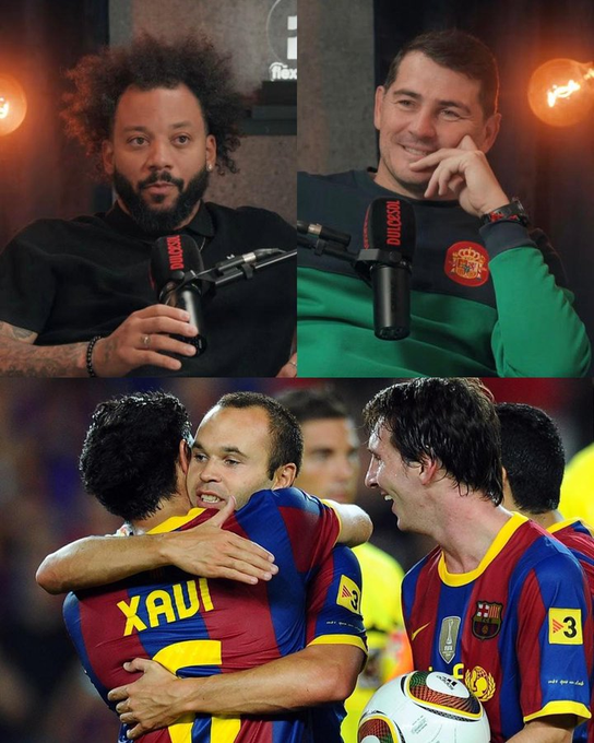 FootballTalkHQ's tweet photo. 🗣️ Iker Casillas: "What was the most difficult match of your life?"

🗣️ Marcelo: "The 5-0 defeat against Barça at the Camp Nou in 2010. Damn, we couldn't even see the ball, we had our eyes blindfolded that day. 😂

I said to myself: 'But what's going on?' My God, there was Xavi, Iniesta, Messi, Pedro, everyone!"

🗣️ Casillas: "We played against the best Barça in history."

🗣️ Marcelo: "Pedro. A lot of people don't remember him. But he was so strong."

🗣️ Casillas: "It was a super team, honestly."