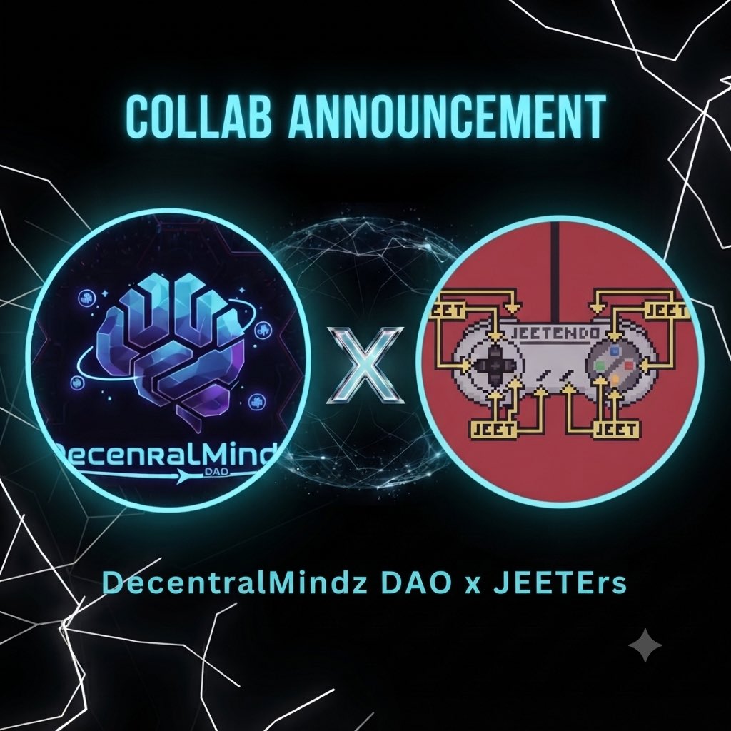 Decentralmindz's tweet photo. Collaboration Announcement: DecentralMindz x JEETErs

We are thrilled to announce our official partnership with @0xjeeters_ .

To celebrate this milestone, we are launching an exclusive whitelist giveaway featuring 10 GTD & 20 FCFS allocation spots.

To access the Raffle;
The entry portals are now live on our gated Discord server. Secure your allocation through the designated links below:
• GTD Spot Raffle: https://t.co/FKTVHwTaoa

• FCFS Spot Raffle: https://t.co/a6qSzlGxWD

Participation Requirements;
1. Join our verified Discord community: https://t.co/M1Jerltw2w

2. Navigate to the gated verification and giveaway channels to complete your entry parameters.

18 hrs & good luck to all participants🤝