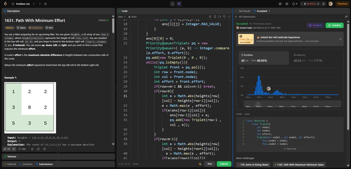 34Bajaj's tweet photo. Day 25 of #100DaysOfCode
Solved:
• Path With Minimum Effort
• Count Subarrays With Score Less Than K
• Subarray Product Less Than K
• Fruit Into Baskets
#LeetCode #DSA #Java #Coding https://t.co/LgiZkwWzBK
