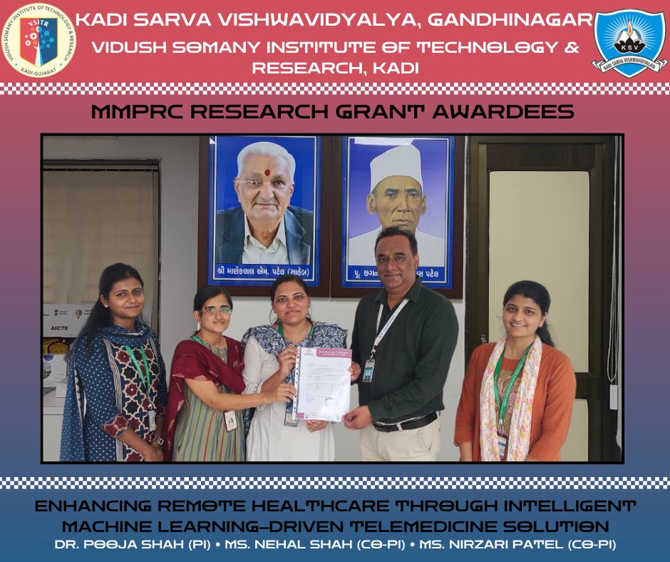VidushITR's tweet photo. 🚀 VSITR Faculty Secure Five MMPRC Research Grants Worth ₹4.60 Lakhs!

Research that inspires. Innovation that transforms. Impact that lasts.

#VSITR #KSV #MMPRC #ResearchGrant #ResearchExcellence #Innovation #ArtificialIntelligence #Healthcare #Telemedicine https://t.co/GtUp0wK7OM