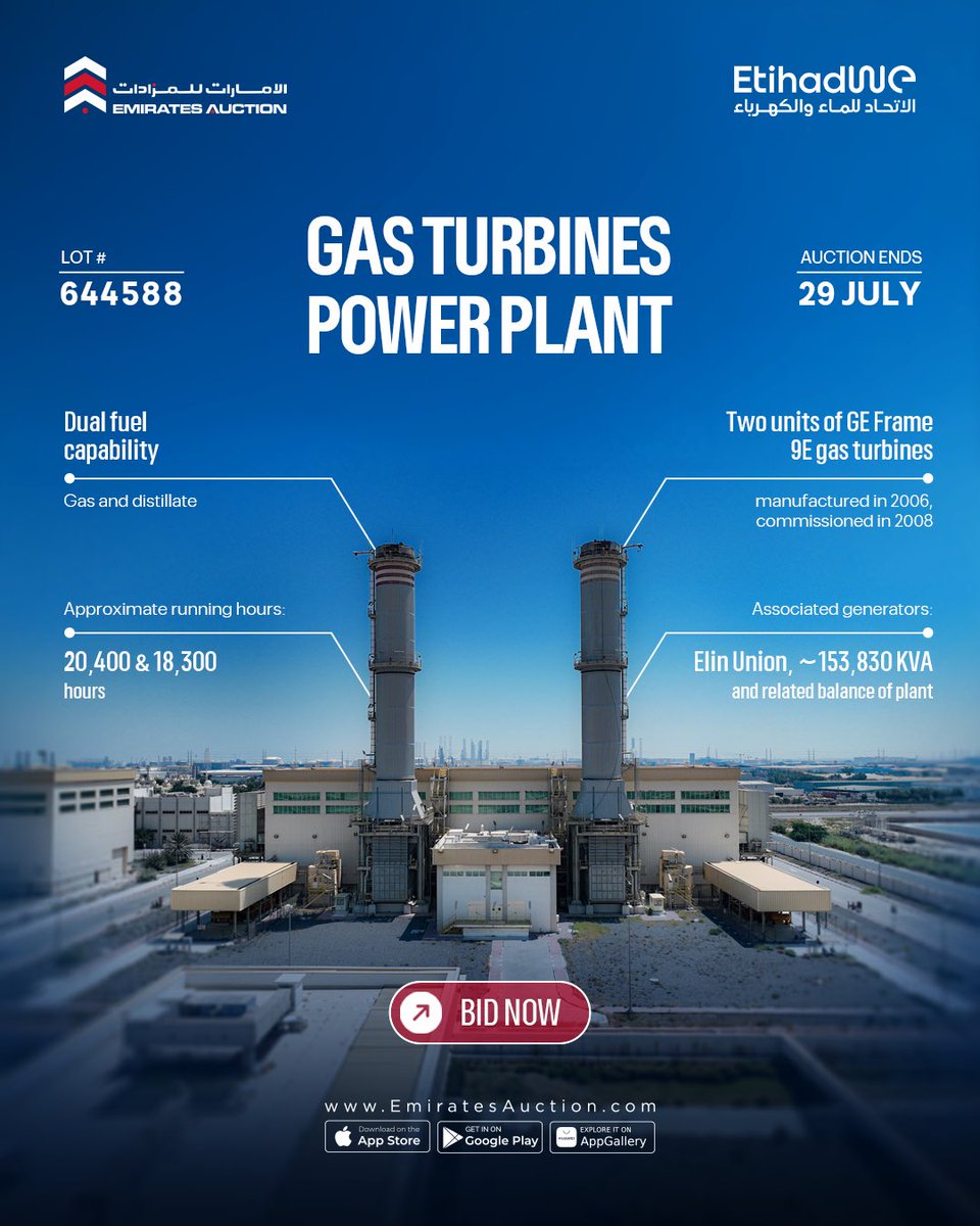 emiratesauction's tweet photo. Explore the Gas Turbine Power Plant now available in auction.
Find out more through our website or applications.
https://t.co/fFWKgiMRfh
#EmiratesAuction #PowerPlant #EtihadWE #GasTurbines https://t.co/KmFl3bM2Fw