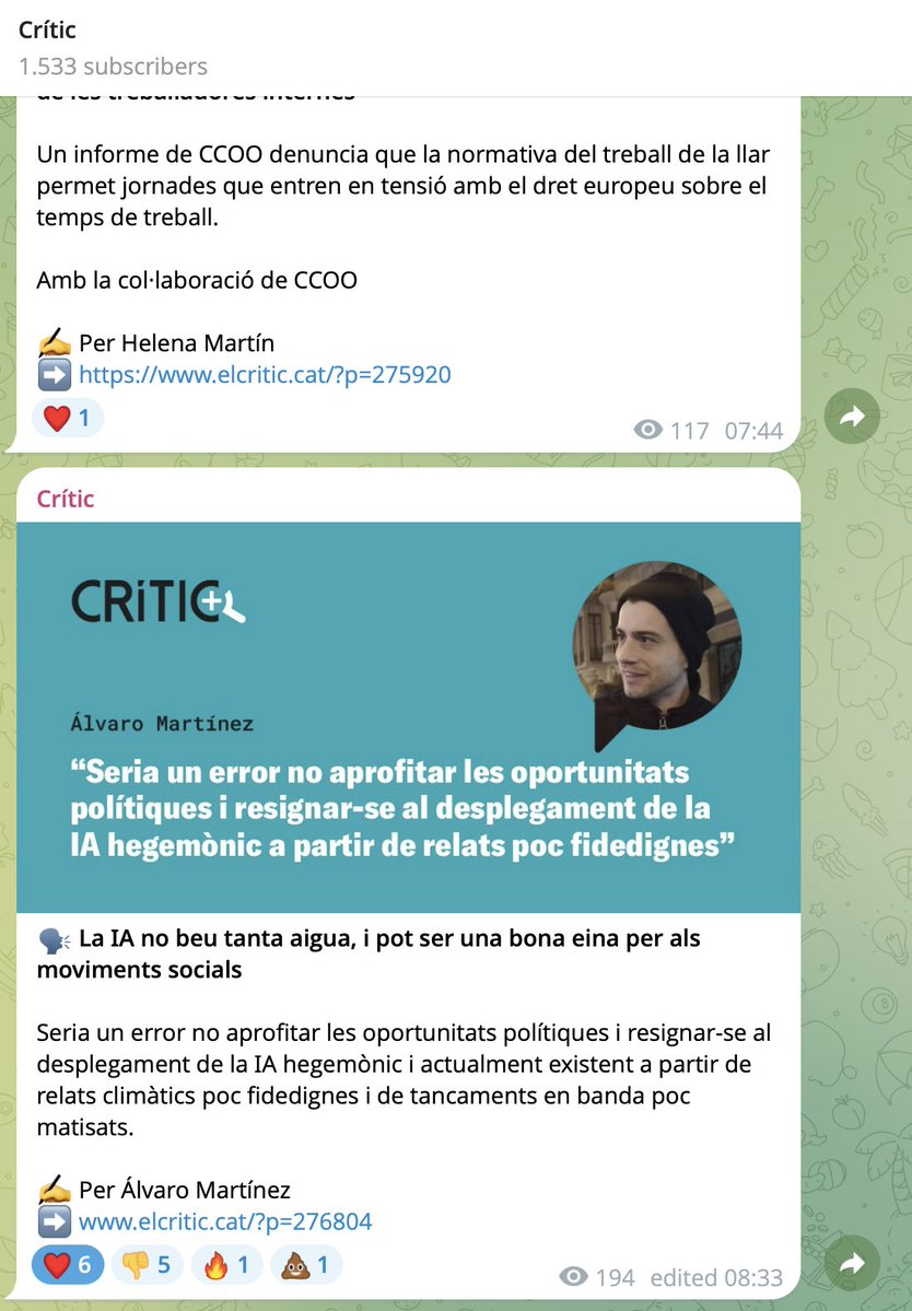 dretsdigitals's tweet photo. Pel que veig al canal de @telegram de Crític (m'hi deixen escriure de tant en tant, però no hi tinc relació, i veig el canal com un lector, no amb permisos elevats) al principi molta gent ha començat funant-me bastant l'article, després s'ha anat igualant una mica entre partidaris i gent que no veu amb tant bons ulls la cosa.