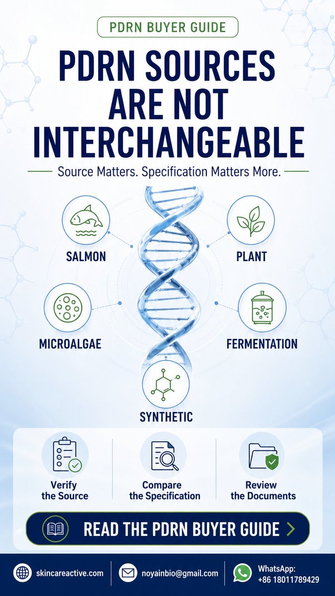 noyainbio's tweet photo. Salmon, plant, microalgae, fermented or synthetic PDRN? Source affects positioning, but source alone is not enough. Compare the INCI, assay, molecular-weight distribution, impurities, stability and documents. Read our guide at https://t.co/PVggOxDfGl. #PDRN #CosmeticIngredients https://t.co/XFC2BSU14X