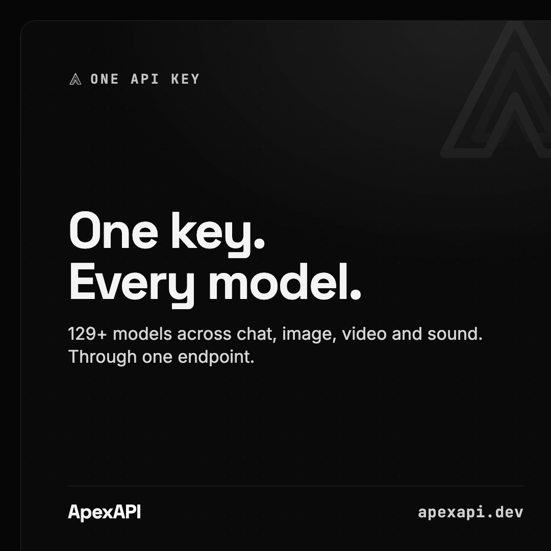 ApexApiDev's tweet photo. One key. Every model. 129+ models across chat, image, video and sound, all through one endpoint. https://t.co/WRJc1V1glc https://t.co/bn8r4Vhilu