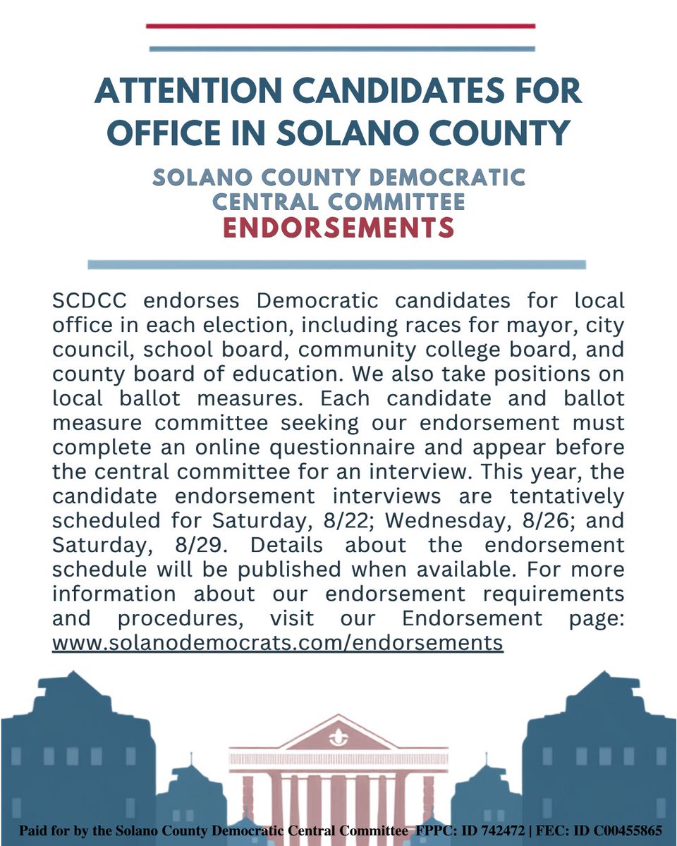 solanodems's tweet photo. Solano County Democratic Central Committee 2026 Election Candidate Questionnaire has been posted for Democratic candidates and ballot measure committees.
For more information about our endorsement requirements and procedures, visit our Endorsement page: https://t.co/65tli4p4VX https://t.co/4JV0SCGhBx