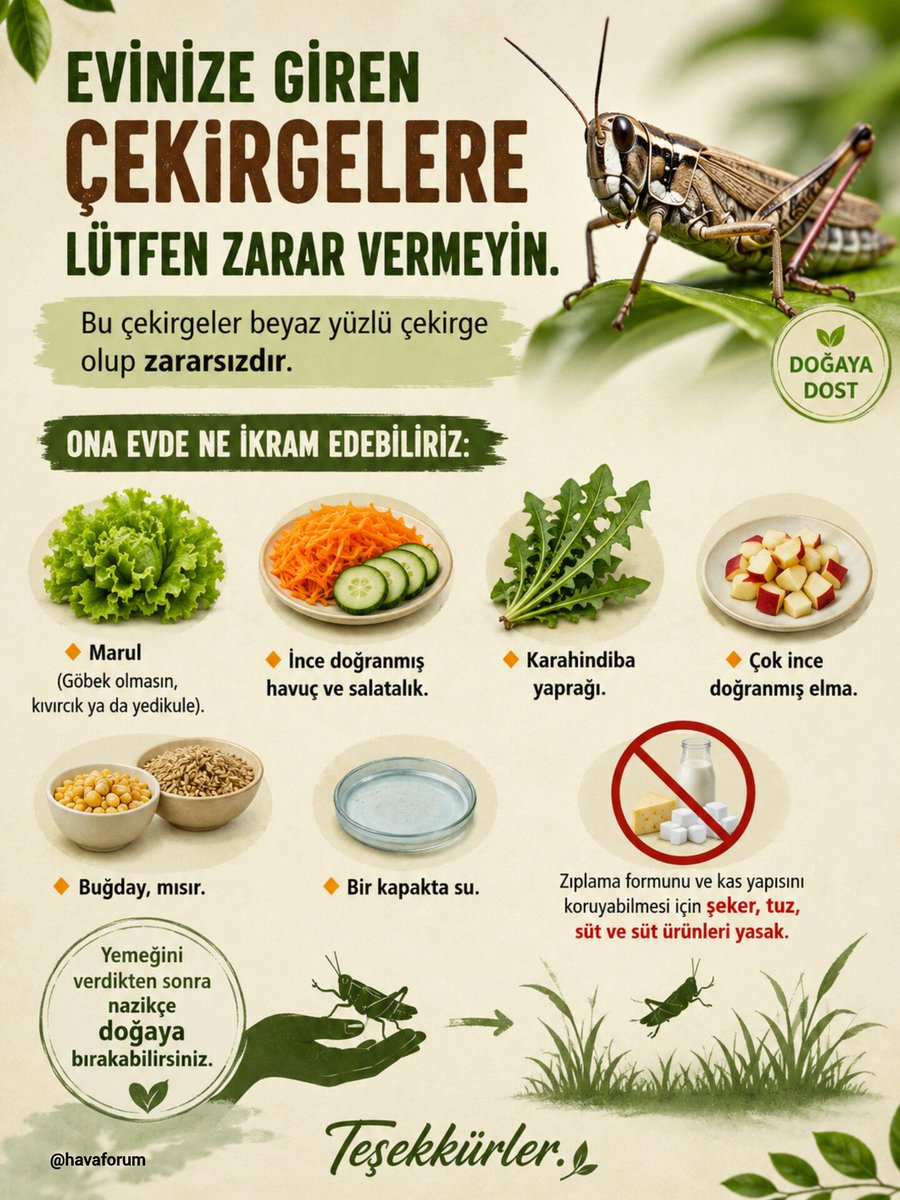 HavaForum's tweet photo. Evinize giren çekirgelere lütfen zarar vermeyin. Bu çekirgeler beyaz yüzlü çekirge olup zararsızdır.

Evinize gelen çekirgeye birkaç ikram yaparsanız çok mutlu olurlar. 👇🏼❤️ https://t.co/8wJdDbgrIS