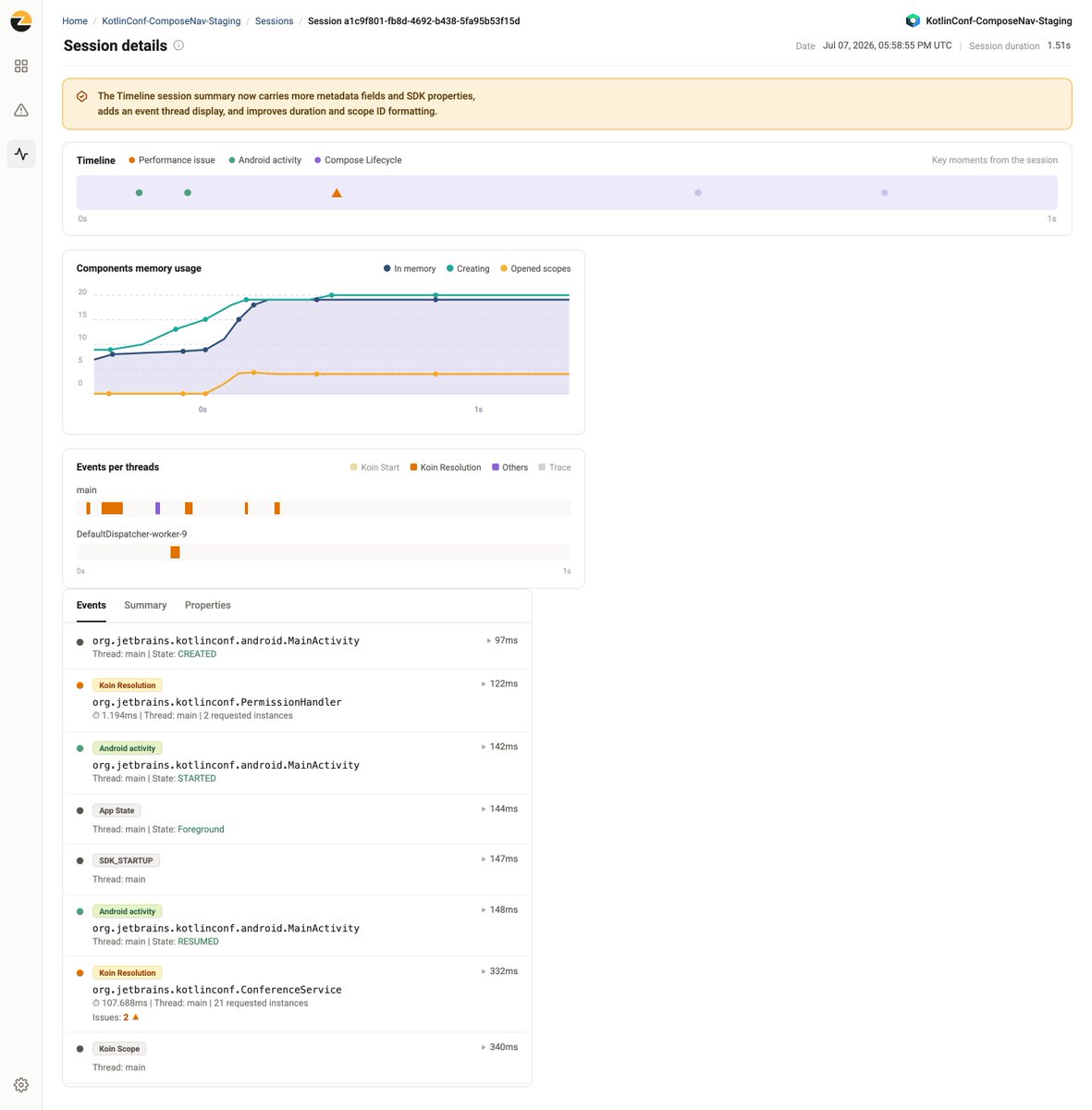 Kotzilla_io's tweet photo. Crashlytics tells you 12% of Android 14 users experienced the crash.
Every crash tool shows you who's affected.
Kotzilla's July release gets you to the one session to actually debug, from your AI assistant, straight into its timeline. https://t.co/IJ39AkPdbP https://t.co/oLk7HtfRWJ