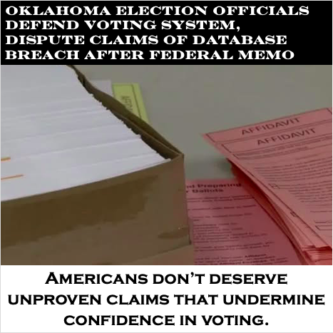 lwv_wa's tweet photo. Oklahoma officials reaffirmed the security of the state’s voting system after a federal task force referenced the state among those whose voter data had been obtained by a Chines actor. “Americans deserve secure elections and accurate information”—LWV https://t.co/Le2fyUrhUh https://t.co/3muxy9ixHk