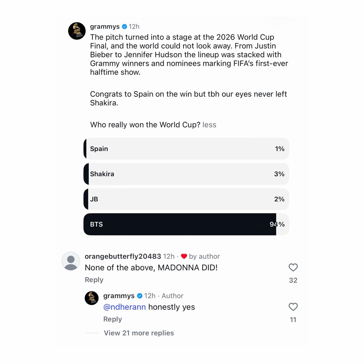 ameviil's tweet photo. .@RecordingAcad needs to change their social media intern. if an intern from any official organization showed this kind of disrespect to any artist other than bts, it would cause a huge scandal. the social media intern on the grammy's instagram page doesn't even bother to include bts's name in the caption of the post about fifa and replies to an innocent fan comment in a super sarcastic tone.