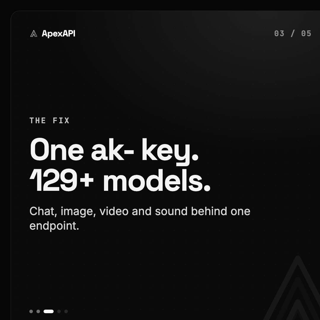 ApexApiDev's tweet photo. You don't need 12 API accounts. One ak- key puts 129+ models behind one endpoint: chat, image, video and sound, on one bill. https://t.co/WRJc1V1glc https://t.co/0QyextveWJ